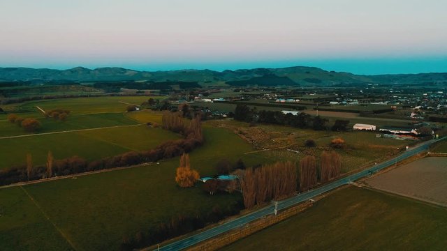 Aerial view footage of City, Martinborough in New Zealand. Dramatic color graded