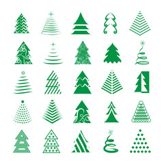 Abstract Christmas Tree Icons. Green Silhouette Set - Isolated On White Background - Vector Illustration. Collection Of Xmas Tree Icons. Abstract Art. Flat Pictogram. Christmas Trees Modern Silhouette