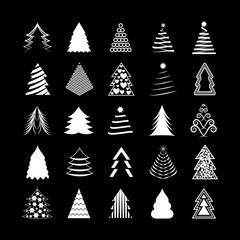 Abstract Christmas Tree Icons. White Silhouette Set - Isolated On Black Background - Vector Illustration. Collection Of Xmas Tree Icons. Abstract Art. Flat Pictogram. Christmas Trees Modern Silhouette