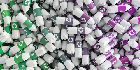 Infinite plastic bottles with recycle icon; original 3d rendering