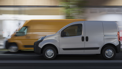 Obraz na płótnie Canvas Nighttime Rendering of a Delivery Van Moving Along a Mini Van on the High Street 3D Rendering