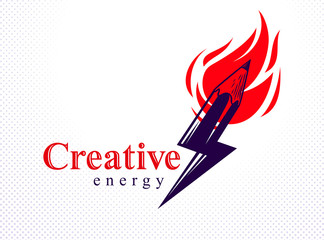 Creative energy power concept shown by pencil in a shape of lightning bolt with fire flame, vector logo or icon, the power of idea, design and art, science invention or research.