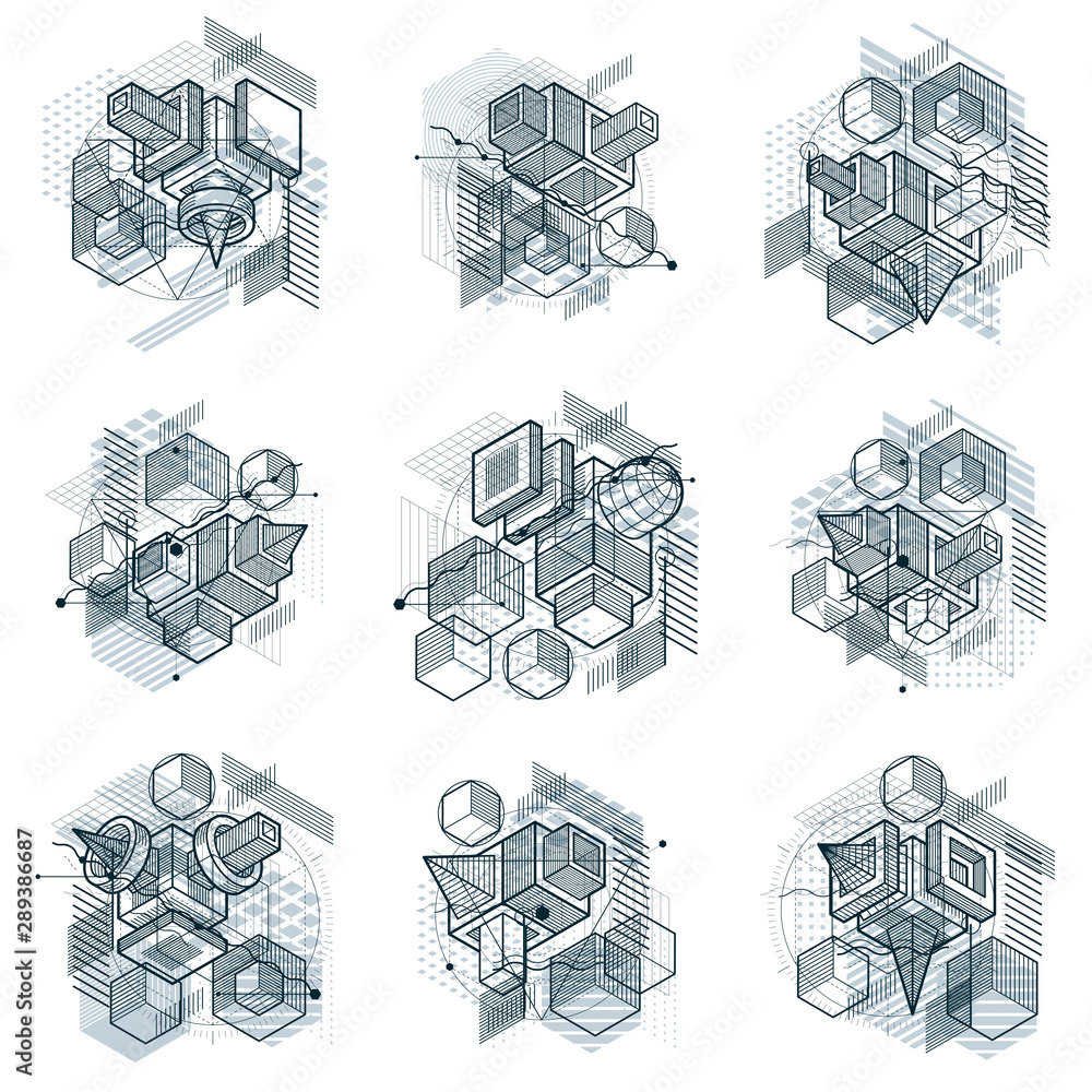 Poster abstract 3d shapes compositions, vector isometric backgrounds. compositions of cubes, hexagons, squa