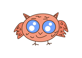 Cute joyful happy colored kawaii owl, owlet, bird with big open eyes, smiles and flaps its wings.