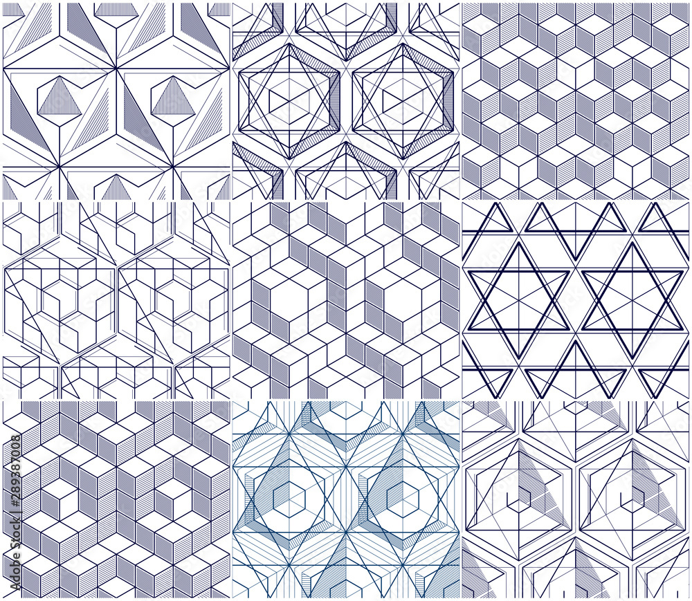 Poster geometric lines abstract seamless patterns set, 3d vector backgrounds cubes collection. technology s