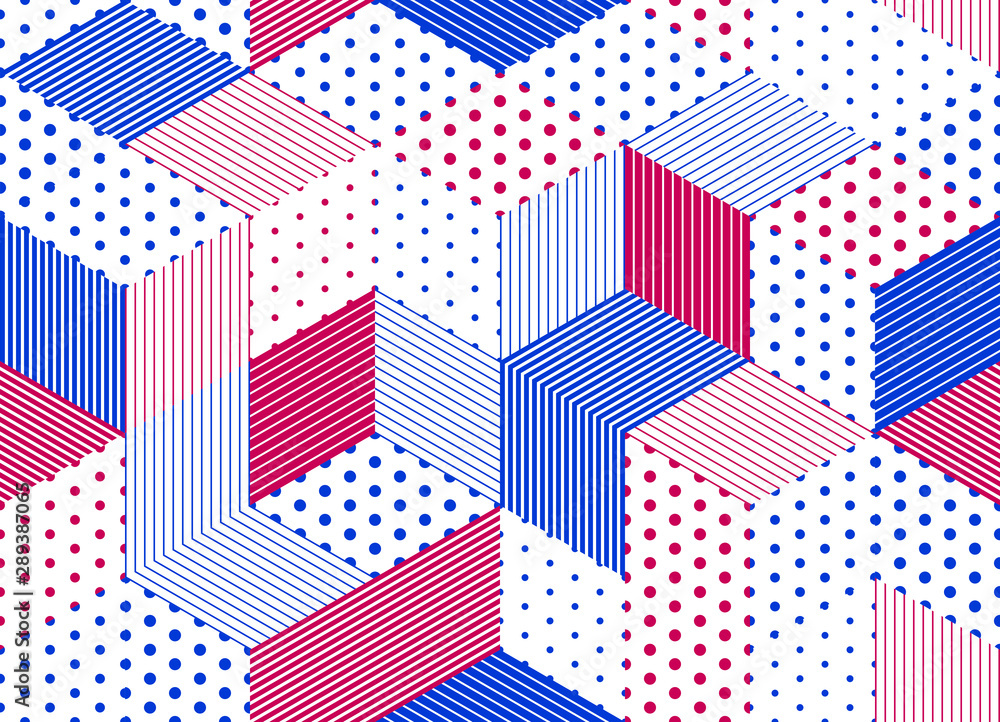 Poster dotted seamless isometric geometric pattern, dots and lines 3d cubes vector tiling background, archi