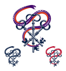 Snake wraps around vintage key, protected secret concept, turnkey and serpent old style tattoo, vector symbol logo or emblem.