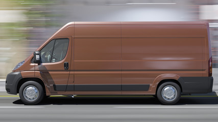 Brown Delivery Van Moving in Daylight 3D Rendering © beysim