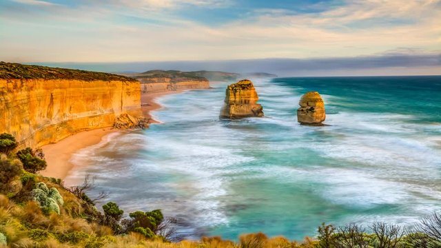 Top view cinemagraph of Gibson Steps by the Twelve Apostles in Port Campbell National Park on the Great Ocean Road, Victoria state, Australia.