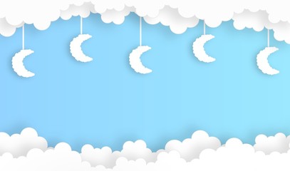 sky with moon cloud shape landscape background,vector,illustration,paper art style,copy space for text