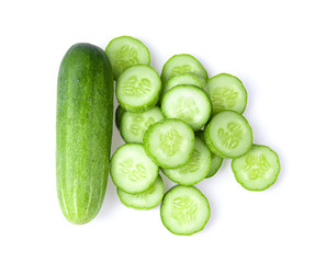 Fresh cucumber slices, isolated on white background. top view