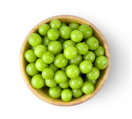 Indian gooseberry in wood bowl isolated on white background. top view