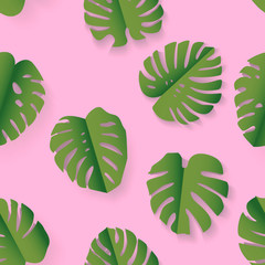 Seamless pink and green paper art folded monstera leaves pattern vector