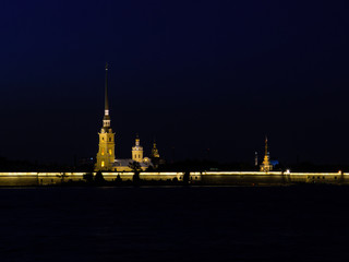 Peter and Paul Fortress by night. View from the Neva River. In St. Petersburg, Russia