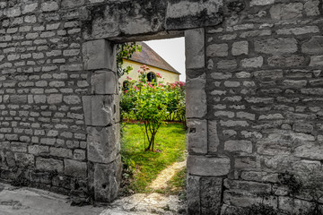 Entrance to a garden with colour offset against black and white