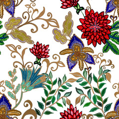 Creative seamless pattern with hand drawn fantasy flowers. Trendy fashion print.