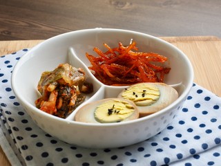 Korean traditional side dishes,Kimchi, Sauce Braised egg, Dried shredded squid