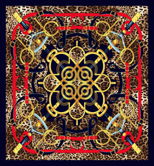Square pattern, fashion head scarf design with gold chains, red and leopard