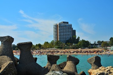 Saturn beach seen from the sea in Constanta county - Romania 03.Sept.2019It is a resort on the...