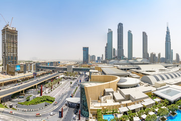Buildings of Downtown Dubai at the Dubai Mall in United Arab Emirates.
