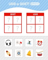 Educational game for children with pictures. Kids activity cards. Loud or quiet? Opposites.