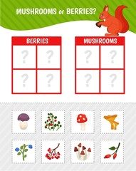 Educational game for children with pictures. Kids activity cards. Mushrooms or berries?