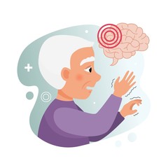 Vector illustration of an elderly man with parkinson's disease. Brain disease concept.