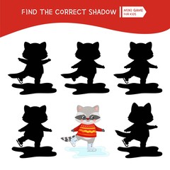 Educational  game for children. Find the right shadow. Kids activity with cute raccoon skates.