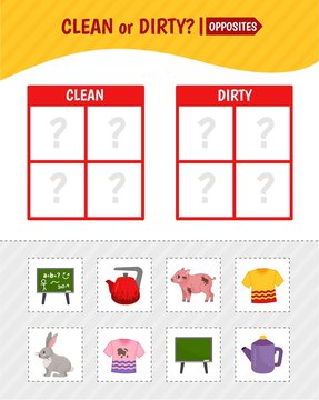 Educational game for children with pictures. Kids activity cards. Clean or dirty? Opposites.