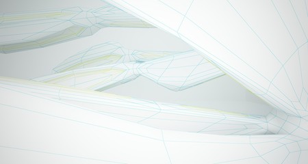 Drawing abstract architectural white interior of a minimalist house with large windows. 3D illustration and rendering.