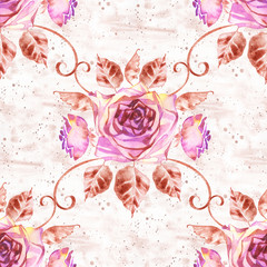 Fototapeta na wymiar Watercolor roses seamless pattern. Seamless texture with boho roses. Hand painted vintage gardening background.