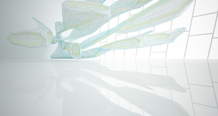 Drawing abstract architectural white interior of a minimalist house with large windows. 3D illustration and rendering.