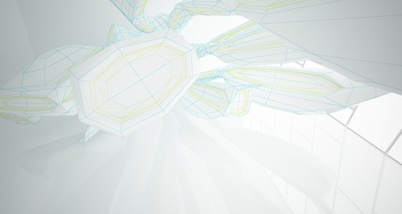 Drawing abstract architectural white interior of a minimalist house with large windows. 3D illustration and rendering.