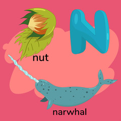 Letter N of the child alphabet. Vector graphics.