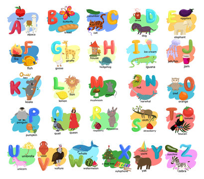 Children s alphabet with illustrations of animals, people, objects, food. Vector graphics.