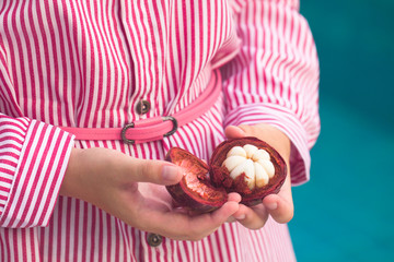 Ripe opened exotic mangosteen fruit closeup in the hands of a girl in a pink striped dress. Hands holding mangosteen fruit from two halves. White flesh of mangosteen.