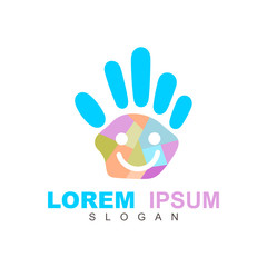 family connection, hand care logo, caring icon, charity and adoption logo design, hand in colorful circle shape vector illustration