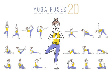 Illustration material: woman, yoga, pose, set, variation