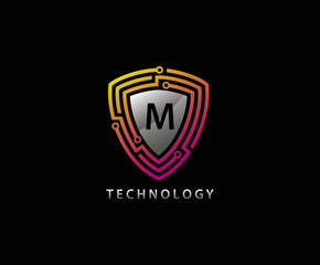 Techno Shield M Letter Logo Icon, Creative Techno Shield Badge.