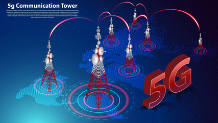 5g Communication Tower Wireless Hispeed Internet with World map and circuit board is background. LTE aerial network connection, fastest internet in future