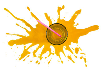 Empty glass cup on a stain of orange juice and white background © Fiuncho