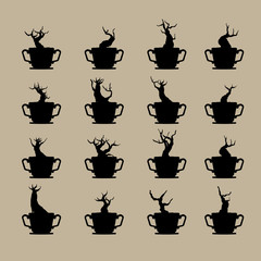 set of bonsai tree in pot, plant silhouette icons on background.