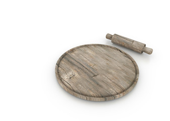 3d rendering wooden plate and rolling pin on white background.
