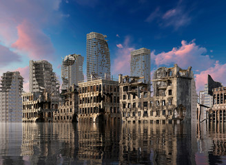 Global Warming Ruins of a city apocalyptic landscape 3d illustration concept