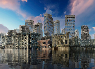 Fototapeta na wymiar Global Warming Ruins of a city apocalyptic landscape 3d illustration concept