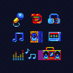 Music theme pixel art icons set. Microphone, audio cassette, headphones, tape recorder, notes and subwoofer. Isolated vector illustration. Retro video game sprite.