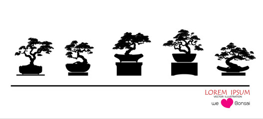 set of Bonsai, Black silhouette of bonsai. Detailed image. Vector illustration. Decorative arts. Mini tree in pot. Dwarf tree decoration art.   - obrazy, fototapety, plakaty