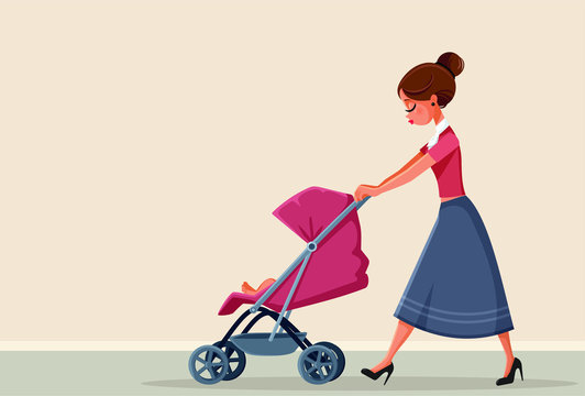 Young Mother Pushing Baby Stroller Vector Illustration