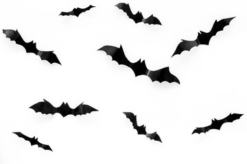 Halloween background with bats on white table top view