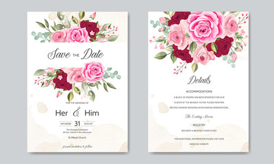Fototapeta na wymiar wedding invitation card template set with beautiful floral leaves